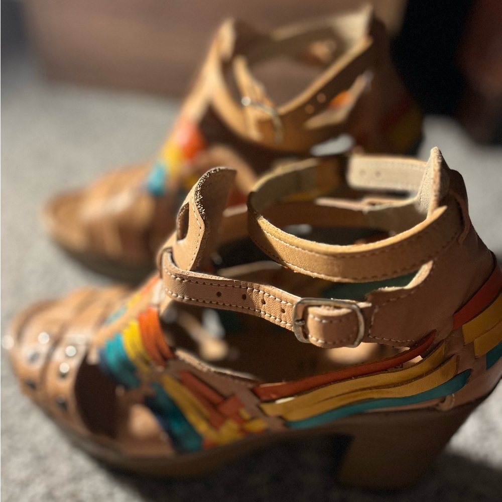 Mexican Huarache Colorful Leather Strappy Heels Sandals Women’s 9 Mexico 26 - Picture 4 of 13